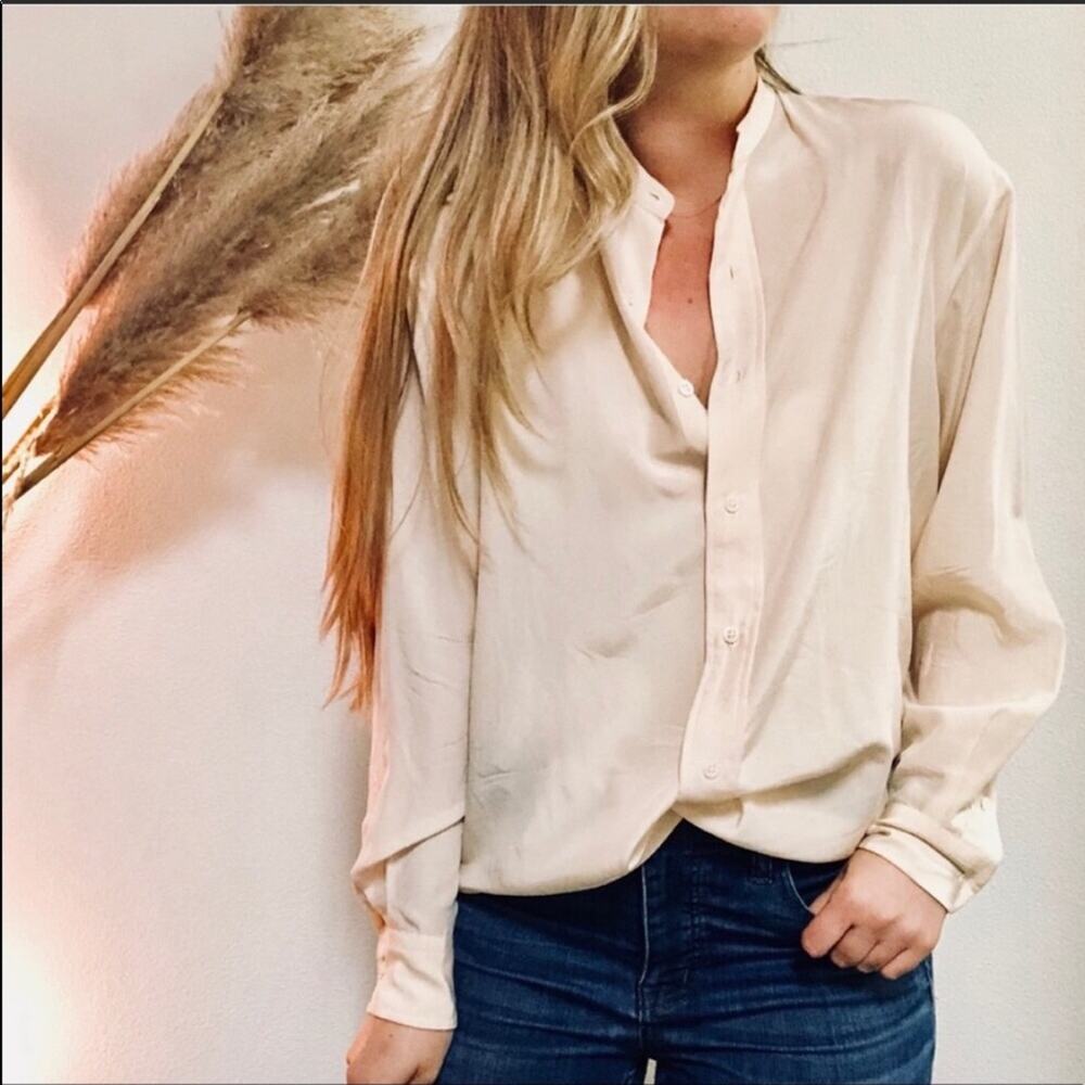 RALPH LAUREN Cream Silk Button Down Long Sleeve Oversized Blouse Shirt Top 8